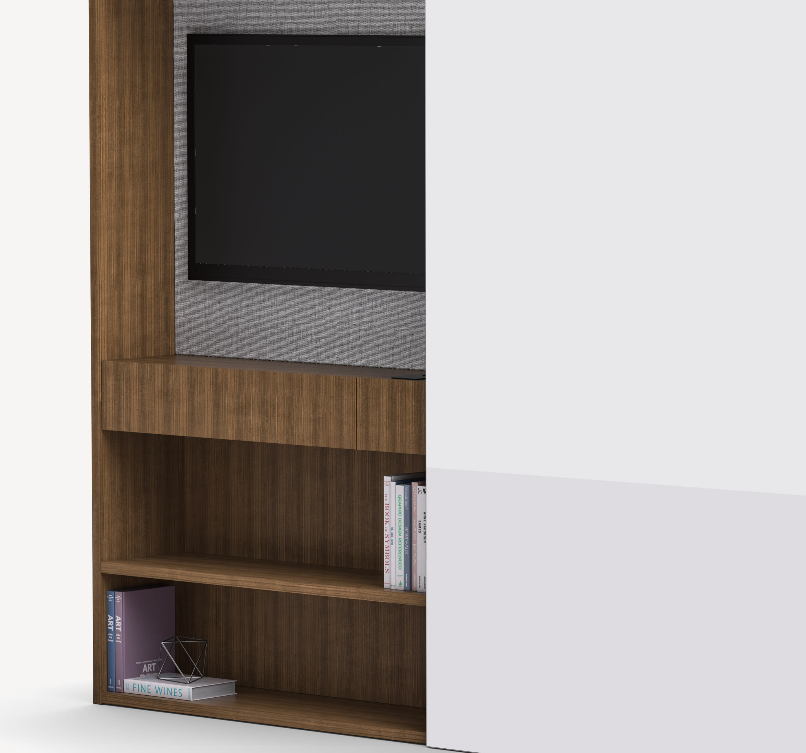 Detail view of the Gunlocke Silea Work Wall with closet on the left-hand side with a white door and brown wood TV mount on the right side above a shelf.