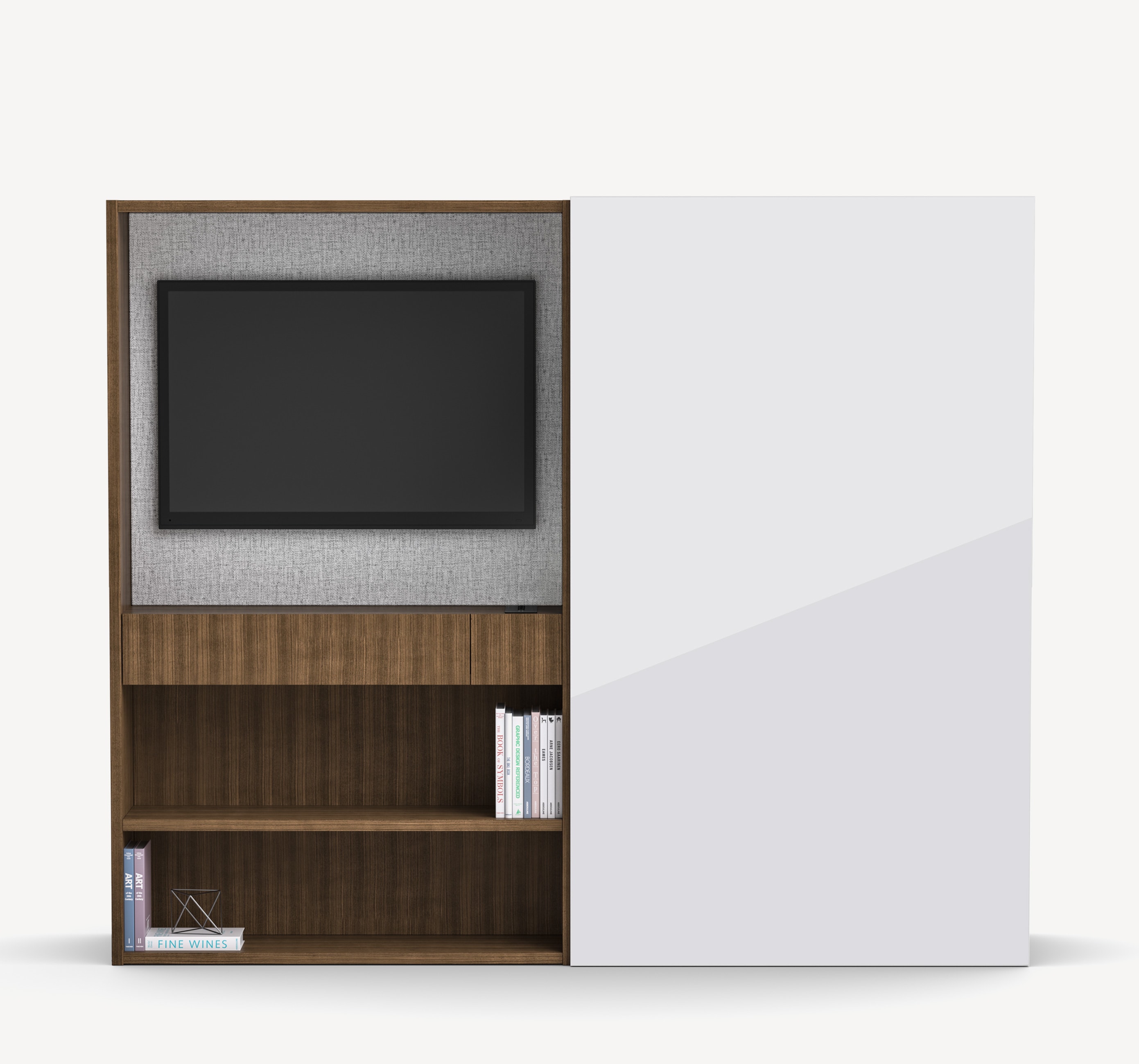 Gunlocke Silea Work Wall with right-handed closet with a white door and a left-handed brown wood tv mount above a shelf.