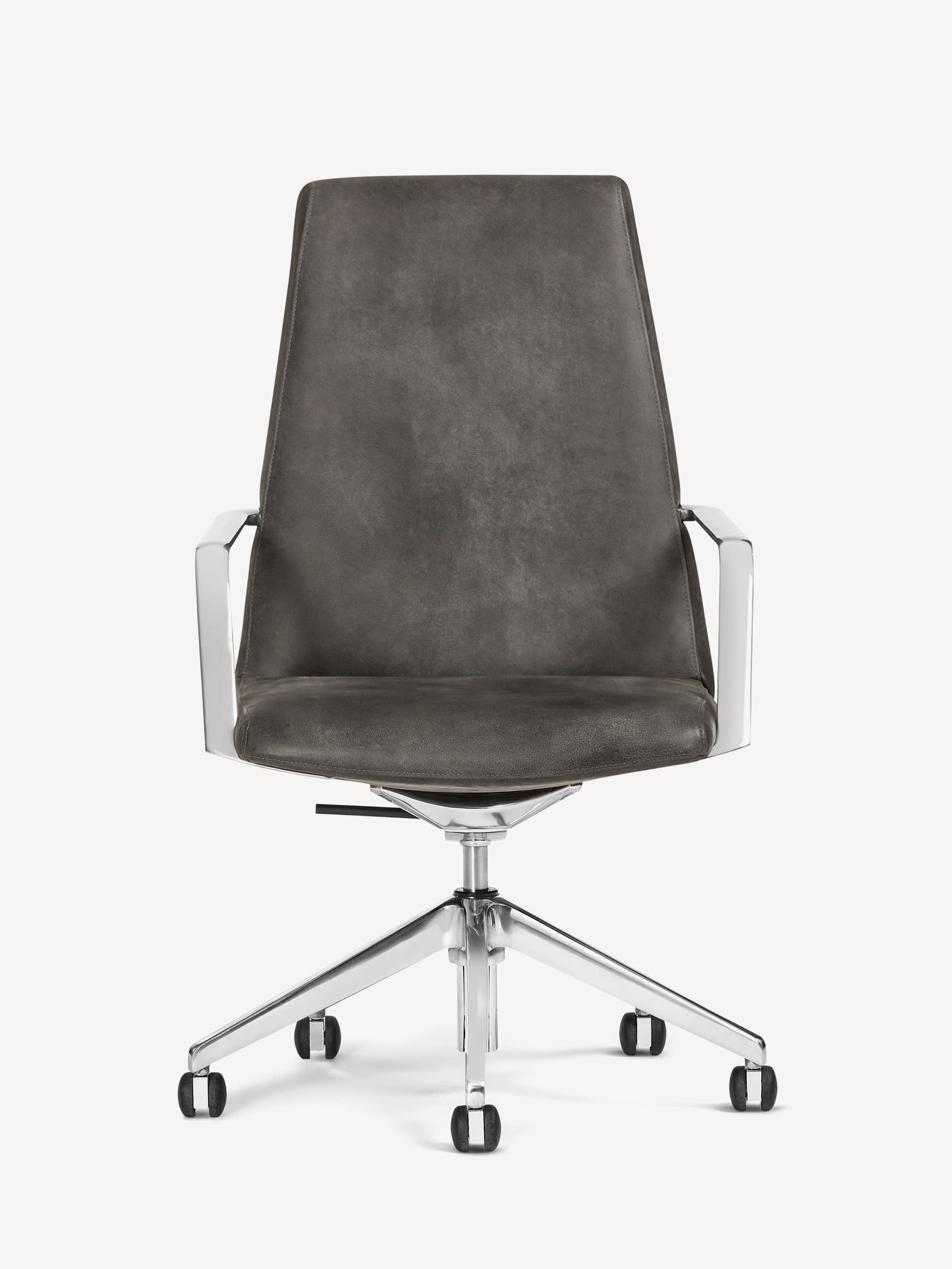 Front view of the height-adjustable Gunlocke Genesee executive chair with a silver frame, casters and brownish grey suede upholstery.