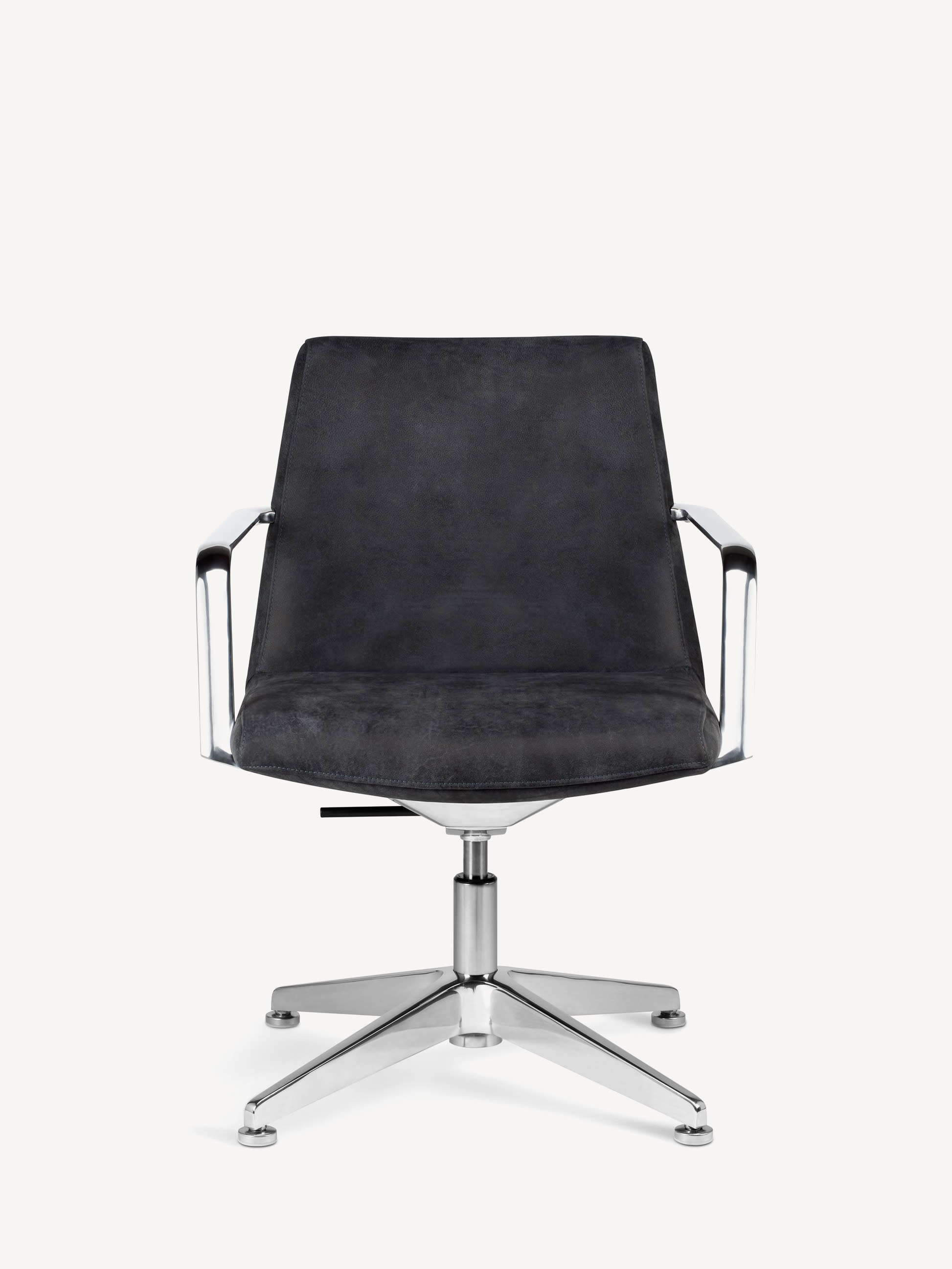 Front view of the height-adjustable Gunlocke Genesee guest chair with a silver frame and black suede upholstery.