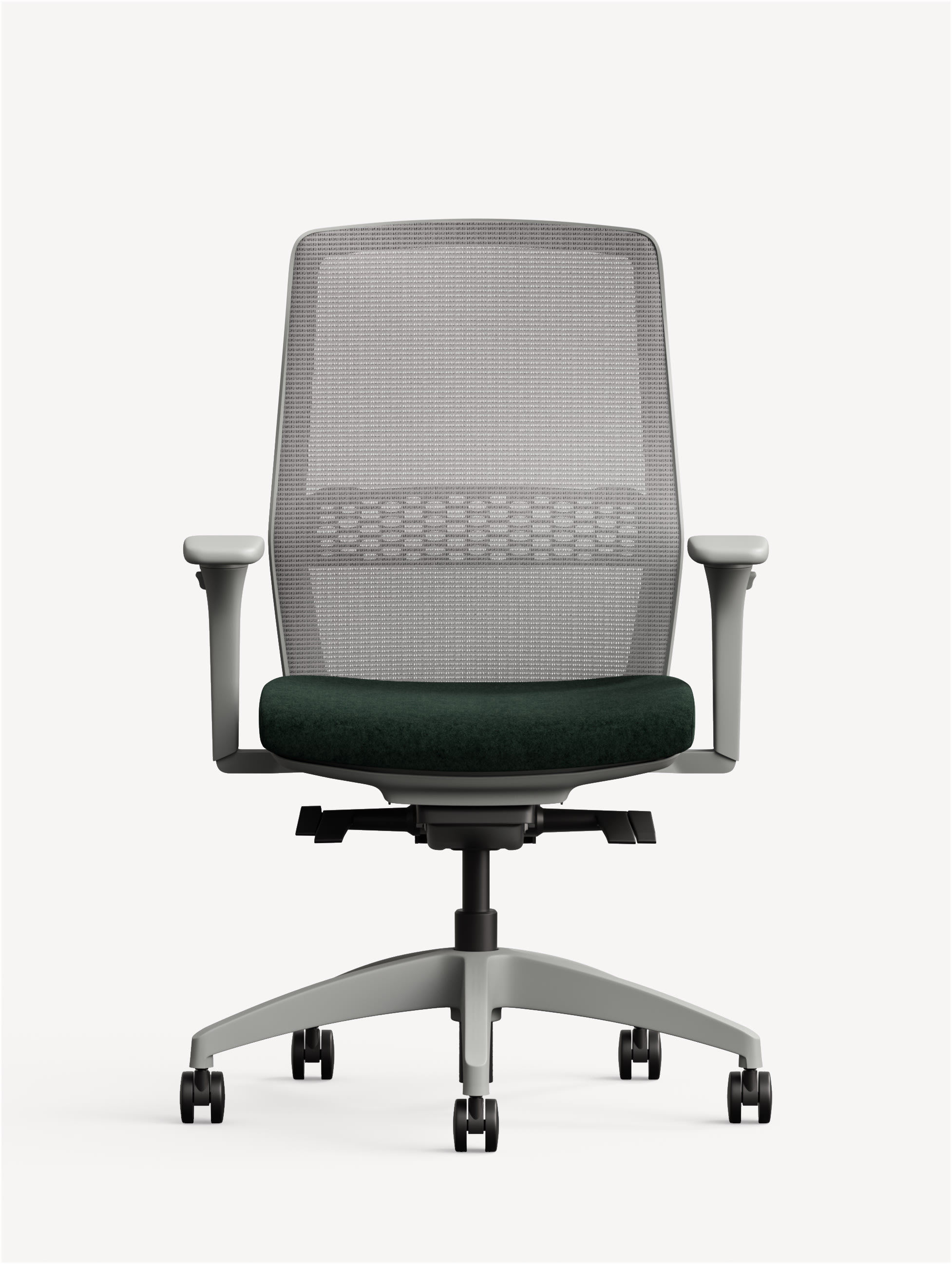 Front view of a grey and black Lyric task office chair with casters.