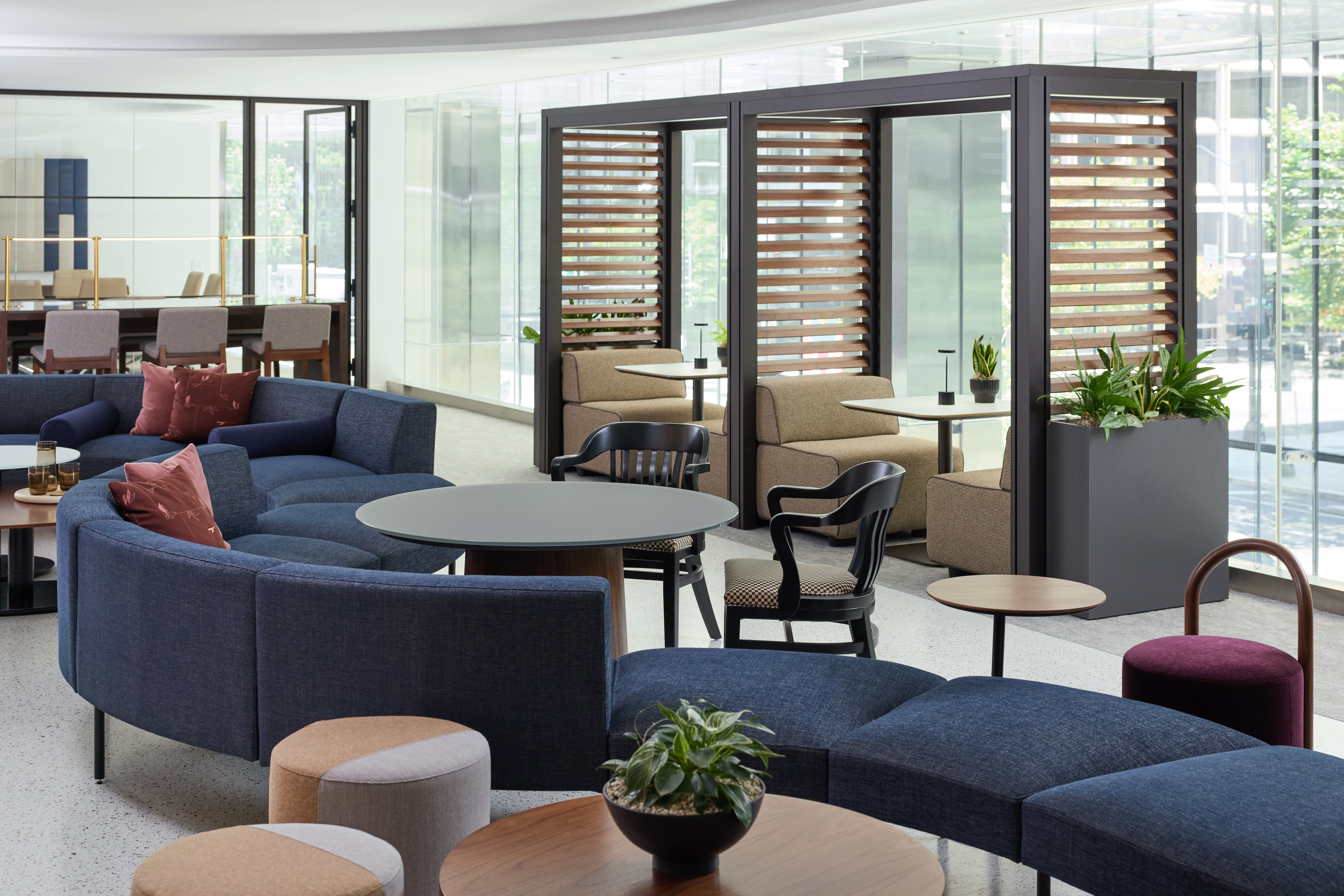 Blue Jetty:Mod serpentine layout lounge in an open room with windows and architectural products.