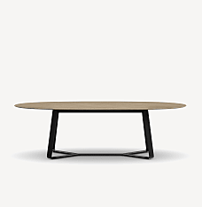 Front view of a Gunlocke Briefing conference table with light wood ellipse top and black metal ribbon Y base.