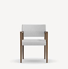 Front view of the Gunlocke Camille guest armchair with wood frame, open armrests and light grey upholstery.