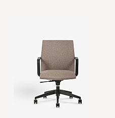 Front view of the Gunlocke Geneva office chair with height-adjustable black base and mauve upholstery.