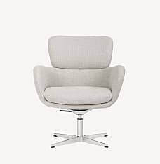 Front view of the height-adjustable Gunlocke Iris lounge chair with aluminum metal base and light grey upholstery.