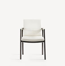 Front view of the Lily guest chair with black wood frame and armrests and white leather upholstery.