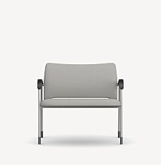 Front view of the Molti Bariatric side chair with black armrests, silver frame and light grey upholstery.