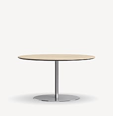 Round Briefing Occasional table with light wood table top and metal disc base.