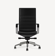 Front view of the adjustable Gunlocke Avoca executive chair with silver frame and black upholstery.