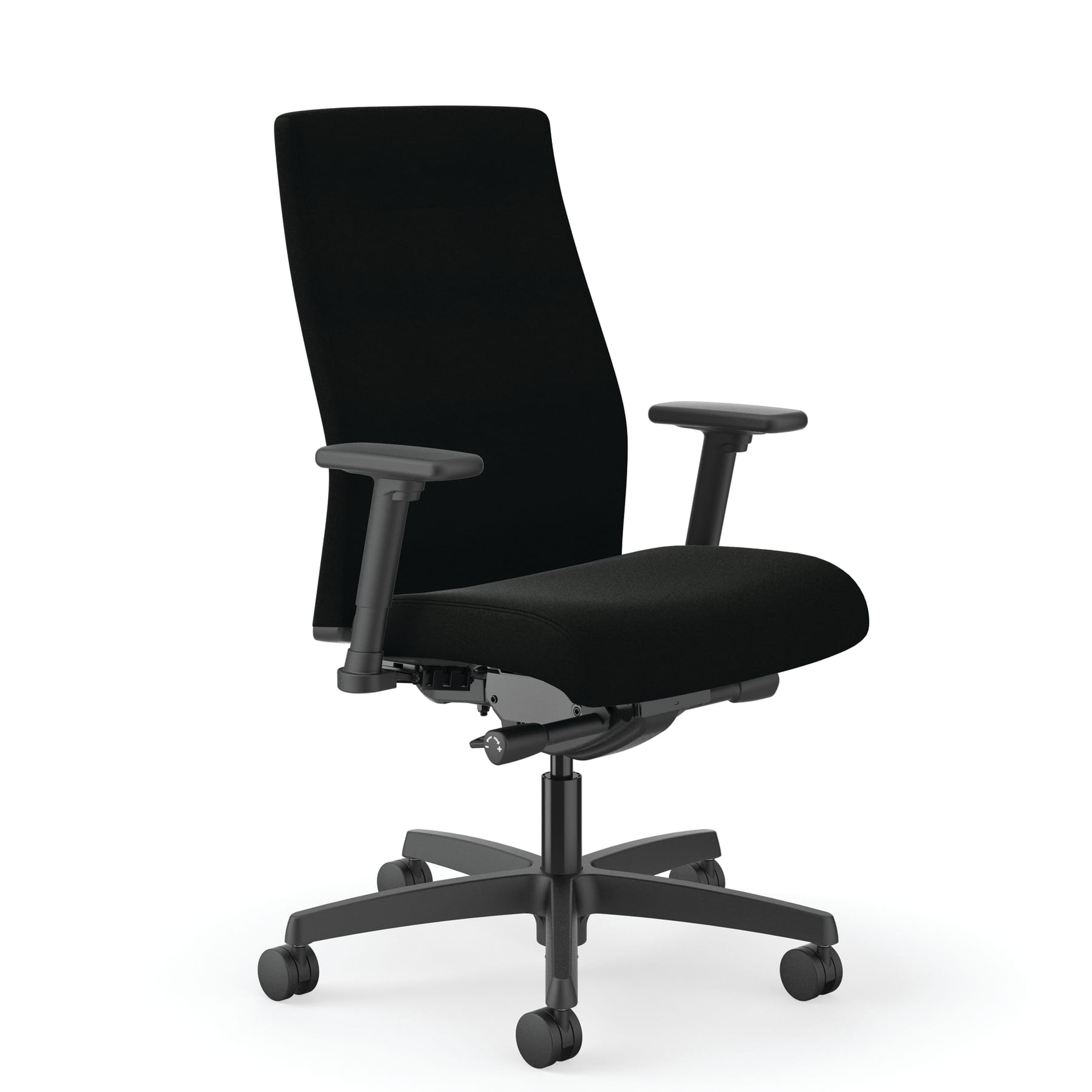 HON Ignition Mid-Back Task Chair | Easy Assembly | Advanced Synchro-Tilt Control | Hard Casters | Height- and Width-Adjustable Arms | Black Frame | Black Fabric