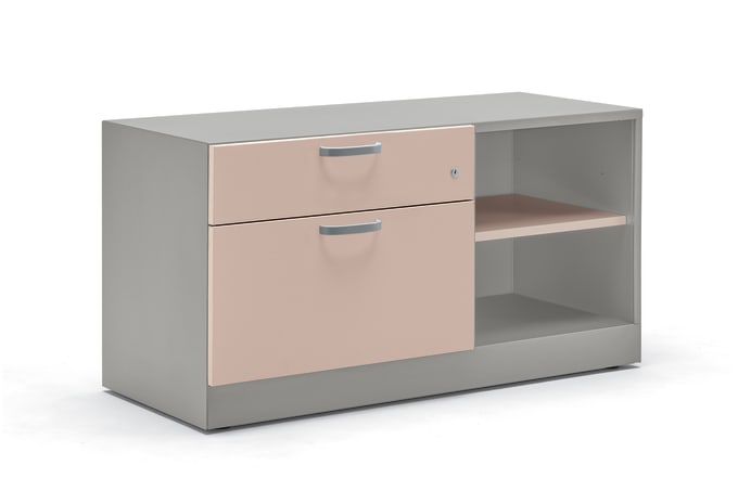Credenza with light pink front and white surround, two drawers and two open shelves of storage.