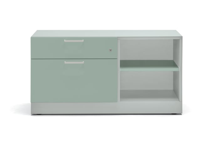 Credenza with mint front and white surround, two drawers and two open shelves of storage.