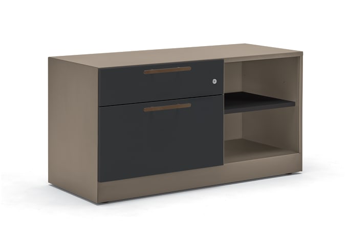 Credenza with dark front and mid-tone surround, two drawers and two open shelves of storage.