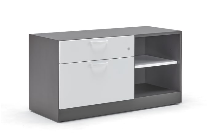 Credenza with white front and grey surround, two drawers and two open shelves of storage. Credenza with white front and grey surround, two drawers and two open shelves of storage.