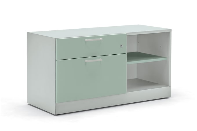 Credenza with mint front and white surround, two drawers and two open shelves of storage.