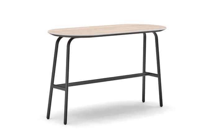 Park pill-shaped table, seated-height with black base and light laminate top.