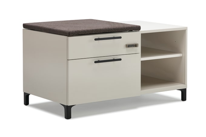 Align credenza with Pier foot, fabric seat cushion, and digital lock.