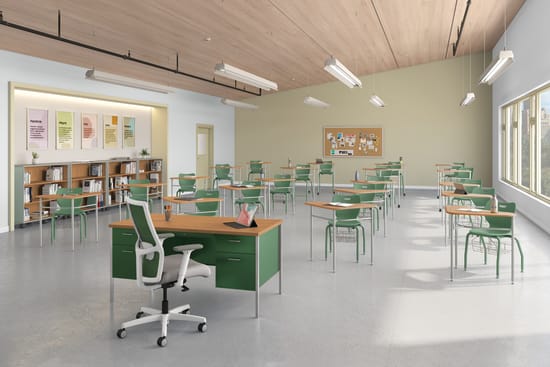 Classroom with triangle SmartLink desks and green student chairs.