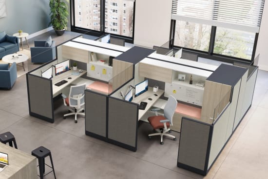 Accelerate cubicle workstations in open space with collaborative table and lounge seating.