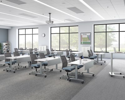 A classroom setting featuring Ignition task seating and Huddle training tables.