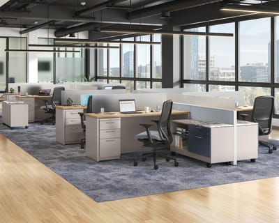 An open plan Abound cubicle layout with Nucleus task seating and Contain storage options.