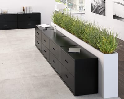 The image depicts a modern, minimalist office space with black storage units and a long planter filled with tall grass, creating a natural and calming atmosphere.