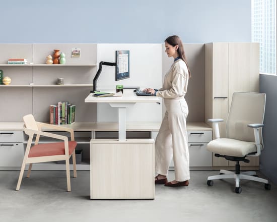 The image depicts a modern, minimalist home office setup with a woman standing at a standing desk, surrounded by shelves, chairs, and other office equipment.