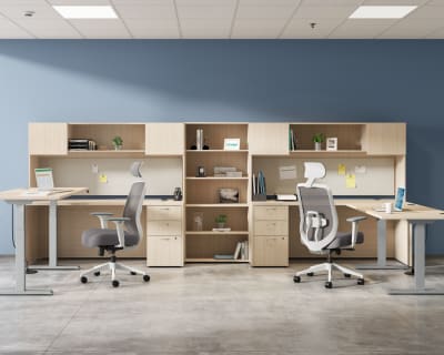 The image depicts a modern and minimalist office space with clean lines, neutral colors, and functional furniture.