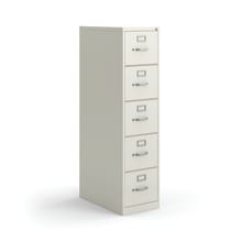 Five‑drawer vertical filing cabinet with a light-colored metal finish and front-mounted handles.