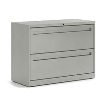 Gray two-drawer lateral file cabinet with recessed handles and central lock.