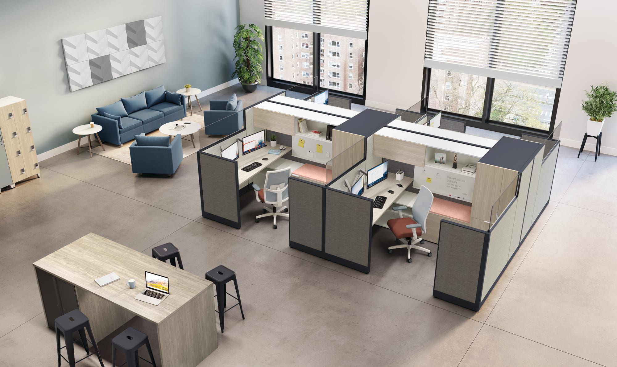 Accelerate cubicle workstations in open space with collaborative table and lounge seating. Accelerate cubicle workstations in open space with collaborative table and lounge seating.