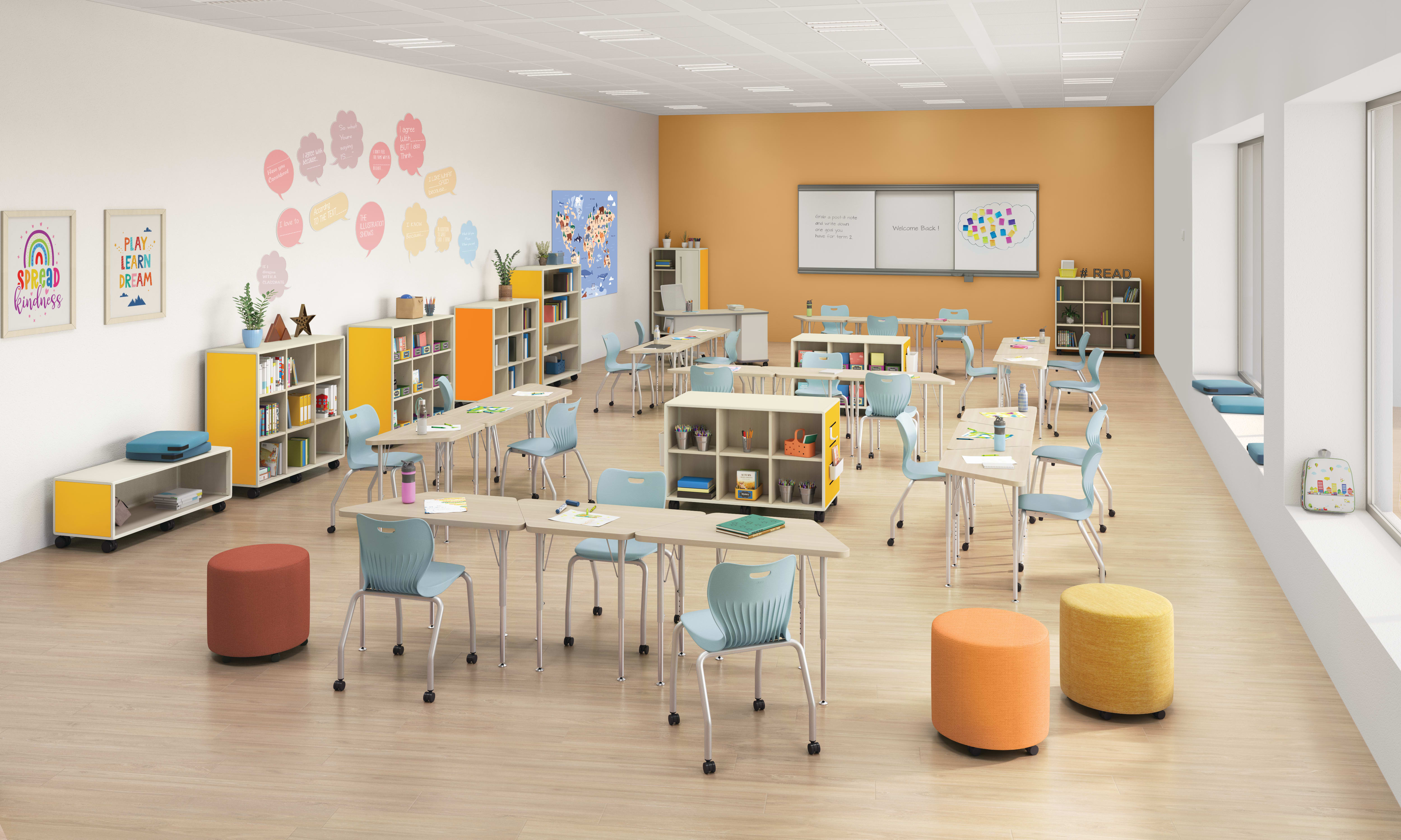 Build Desks with SmartLink Seating, Class-ifi Storage.