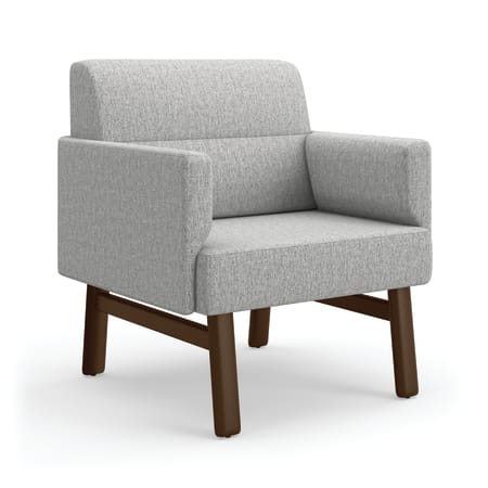 Gray chair with dark wood legs.