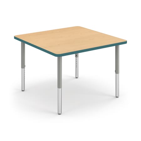 Right 3/4 View of Natural Maple Square Build Table with Teal Edge Band