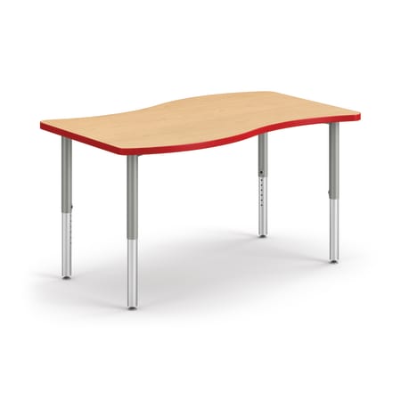 Right 3/4 View of Natural Maple Ribbon Build Table with Red Edge Band
