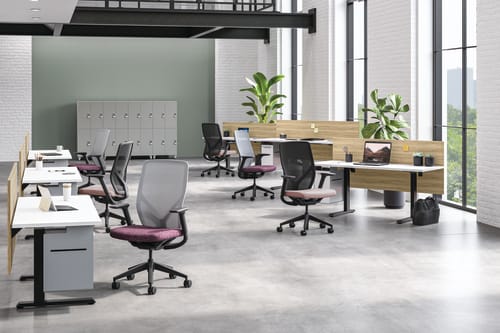 Touchdown workstations with Flexion task seating and Contain lockers in background.