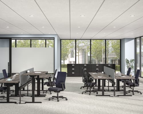 Modern open office with benching desks, task chairs, privacy panels, storage cabinets, and large windows with greenery view.