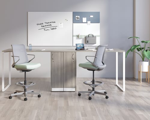 Cliq Stools with Storage Islands and Contain Storage, and Work Wall Tiles.