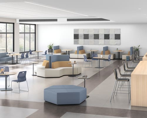 Cafe space with blue Etch seating and Tangram