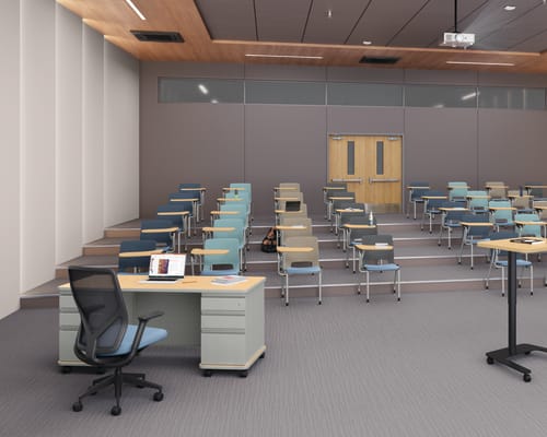 A classroom setting featuring Motivate chairs with tablet arms and SmartLink teacher desk.
