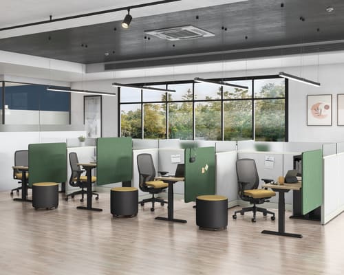 Universal Screens showed with Accelerate Panels, Contain Storage, Nucleus Task Chairs, and Flock Mini.