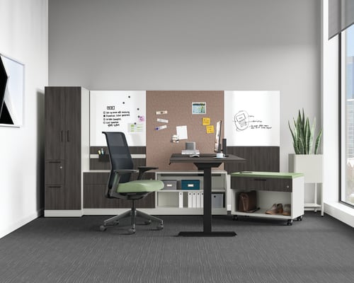 A modern, minimalist home office setup with a desk, chair, and various storage and organizational elements, set against a bright, airy backdrop with large windows.