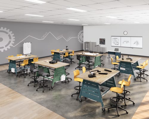 Modern makerspace classroom with collaborative workbenches, adjustable task stools, engineering project stations, whiteboards, storage cabinets, and flexible learning areas in a STEM-focused educational environment.
