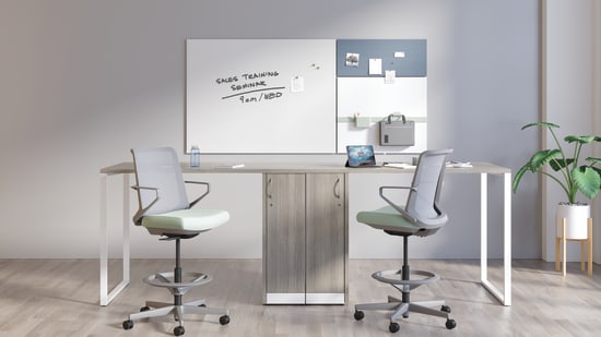 Cliq Stools with Storage Islands and Contain Storage, and Work Wall Tiles.