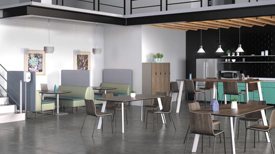 A modern and minimalist dining area with a mix of wooden and metal furniture, including a long table, chairs, and a kitchen area with shelves and appliances in the background.