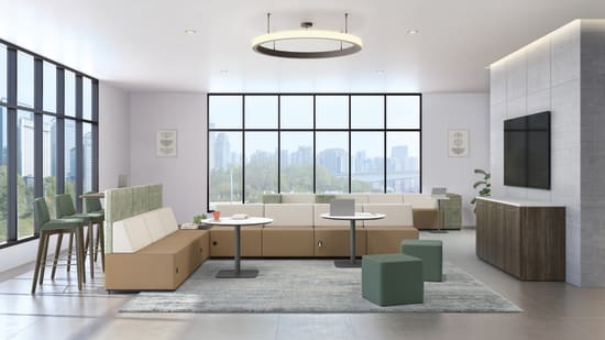 Tangram seating with Flock seating, Birk tables, and Preside credenza.