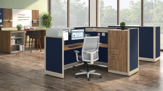 Open plan with Accelerate Cubicles and collaborative area with storage island.