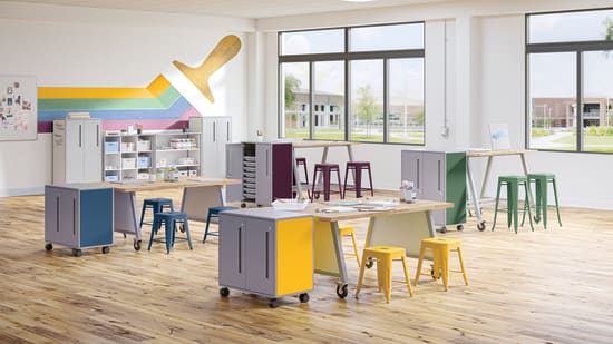 Class-ifi Storage with Build Makerspace Tables and Stools.