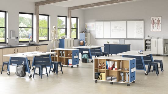 Class-ifi Storage with Build Makerspace Tables and Stools, Cipher Task Chair, and SmartLink Teacher Desk and Wall Rail System.